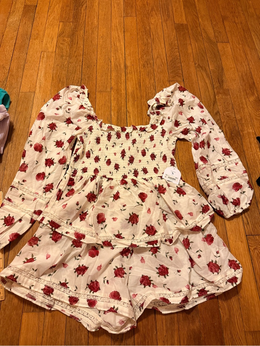 Floral long sleeve romper- Cream with Red Rose Print